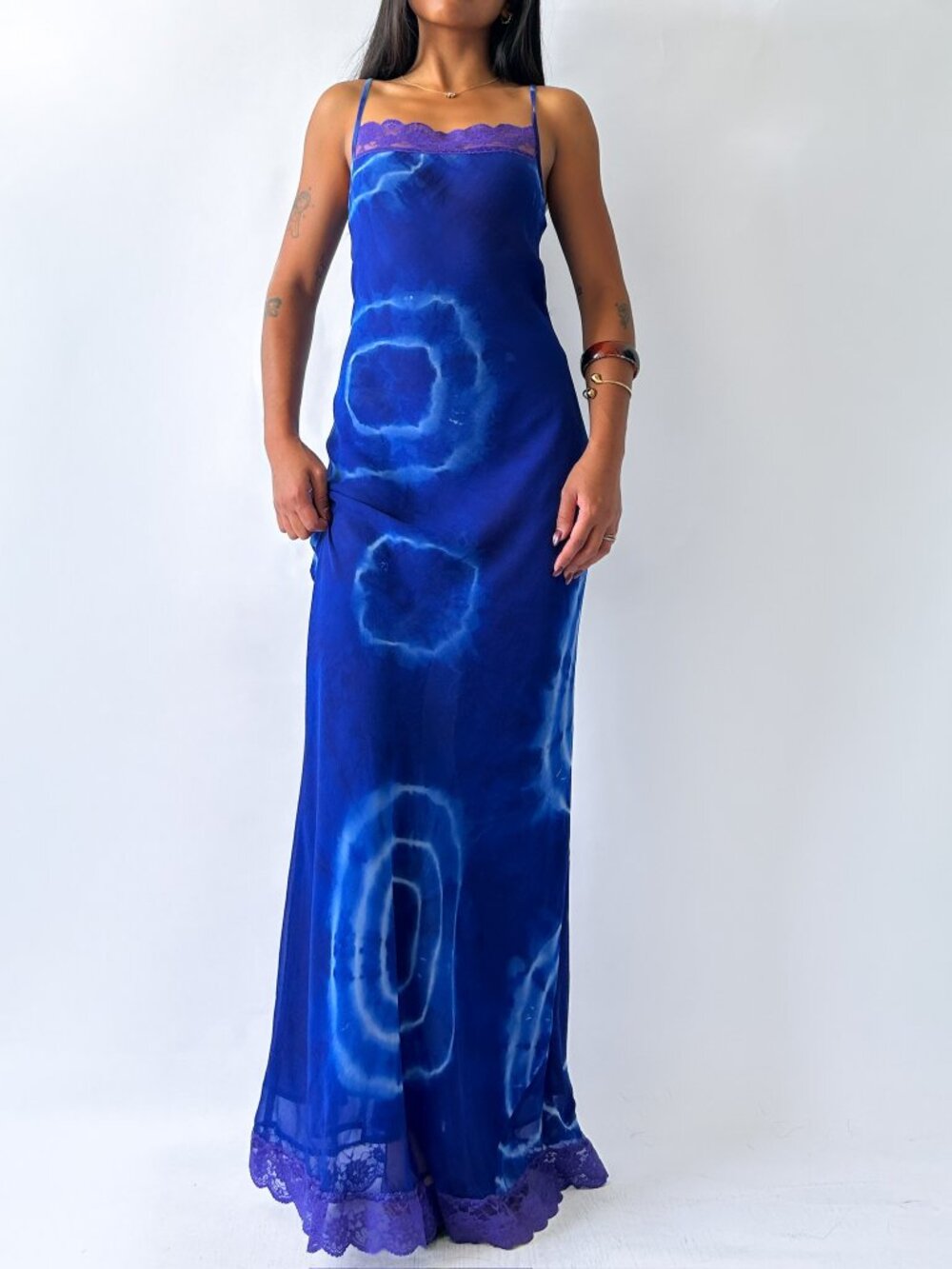Vintage 90s Holt Renfrew Tie-Dye Lace-Trimmed Maxi Slip Dress US4